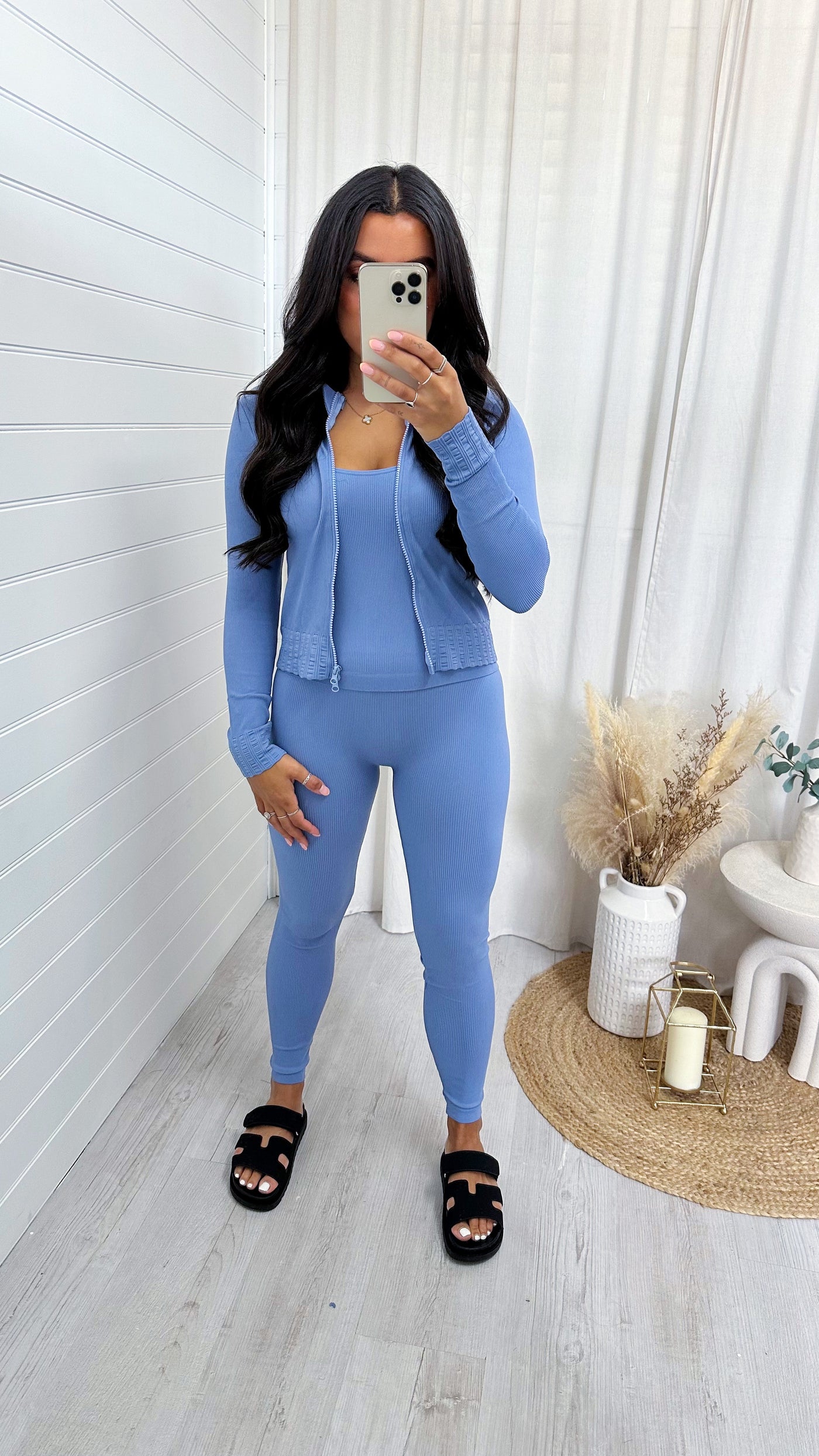 3 Piece Jacket, Crop Top and Leggings Active Set - POWDER BLUE