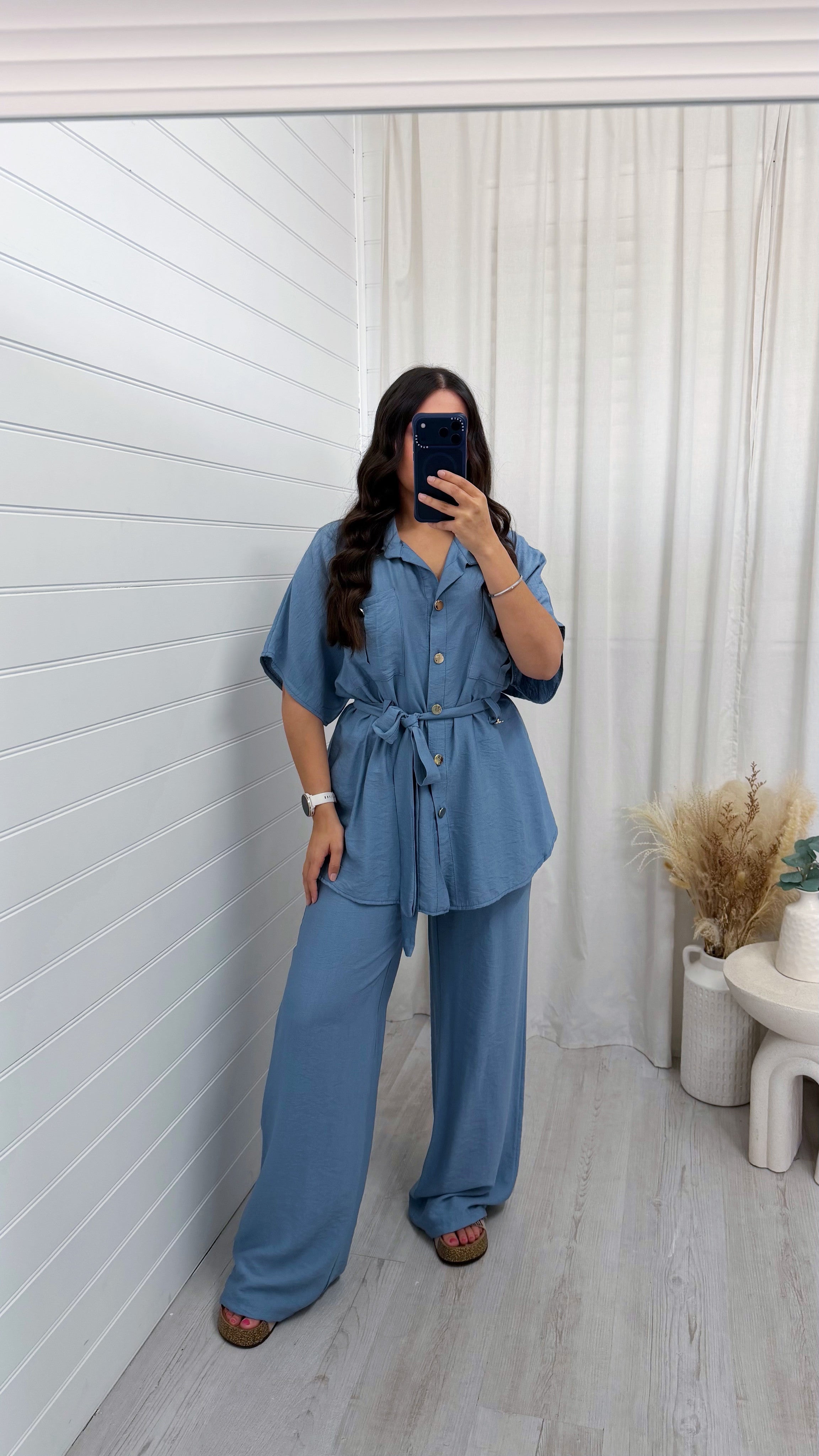 Gold Button Belted Shirt and Trousers Co-Ord - DENIM BLUE