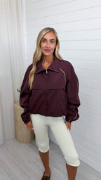 Contrast Trim Windbreaker Jacket - WINE