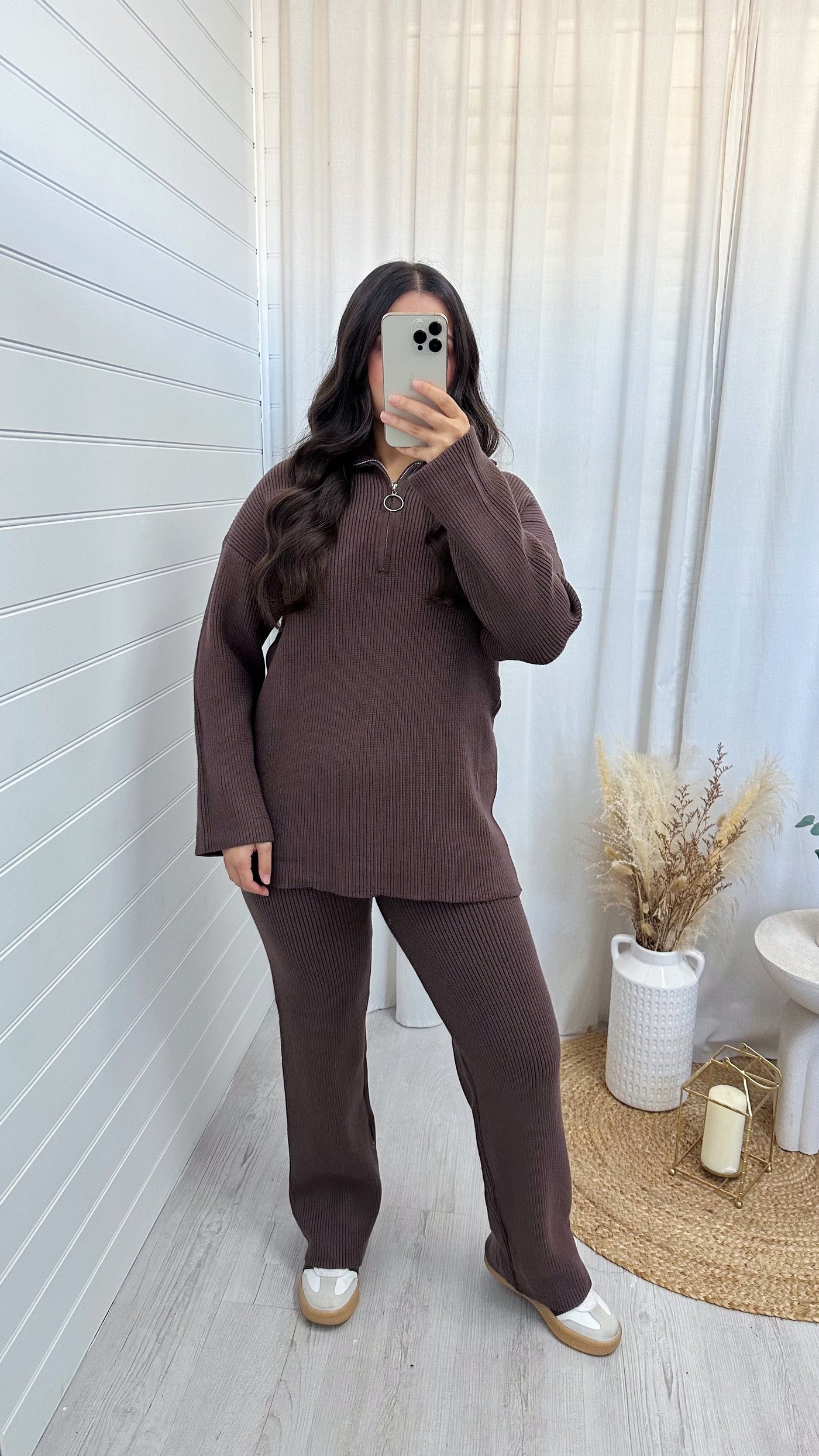 Chunky Knitted Quarter Zip Top and Trousers Co-Ord - BROWN