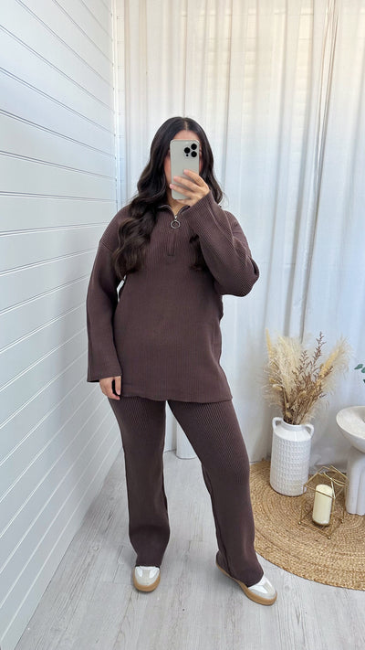 Chunky Knitted Quarter Zip Top and Trousers Co-Ord - BROWN