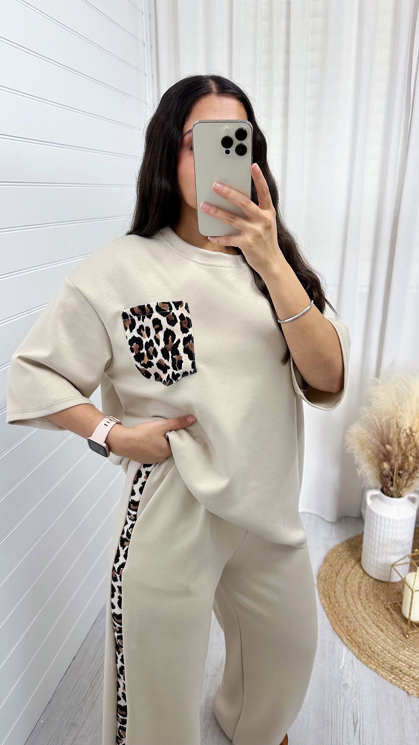 Leopard Print Pocket T-Shirt and Trousers Co-Ord - LIGHT BEIGE