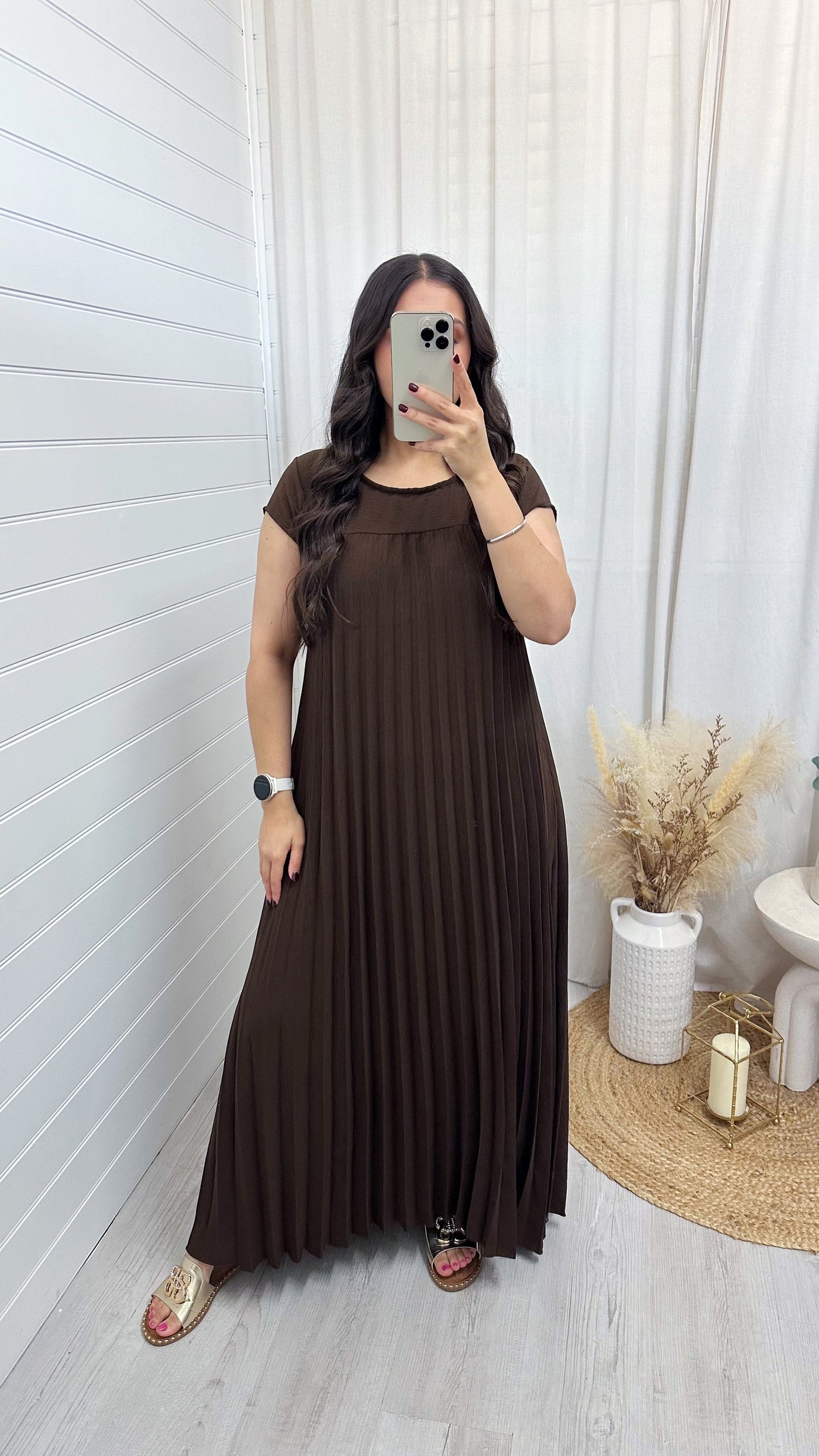 Pleated A Line Maxi Dress - BROWN