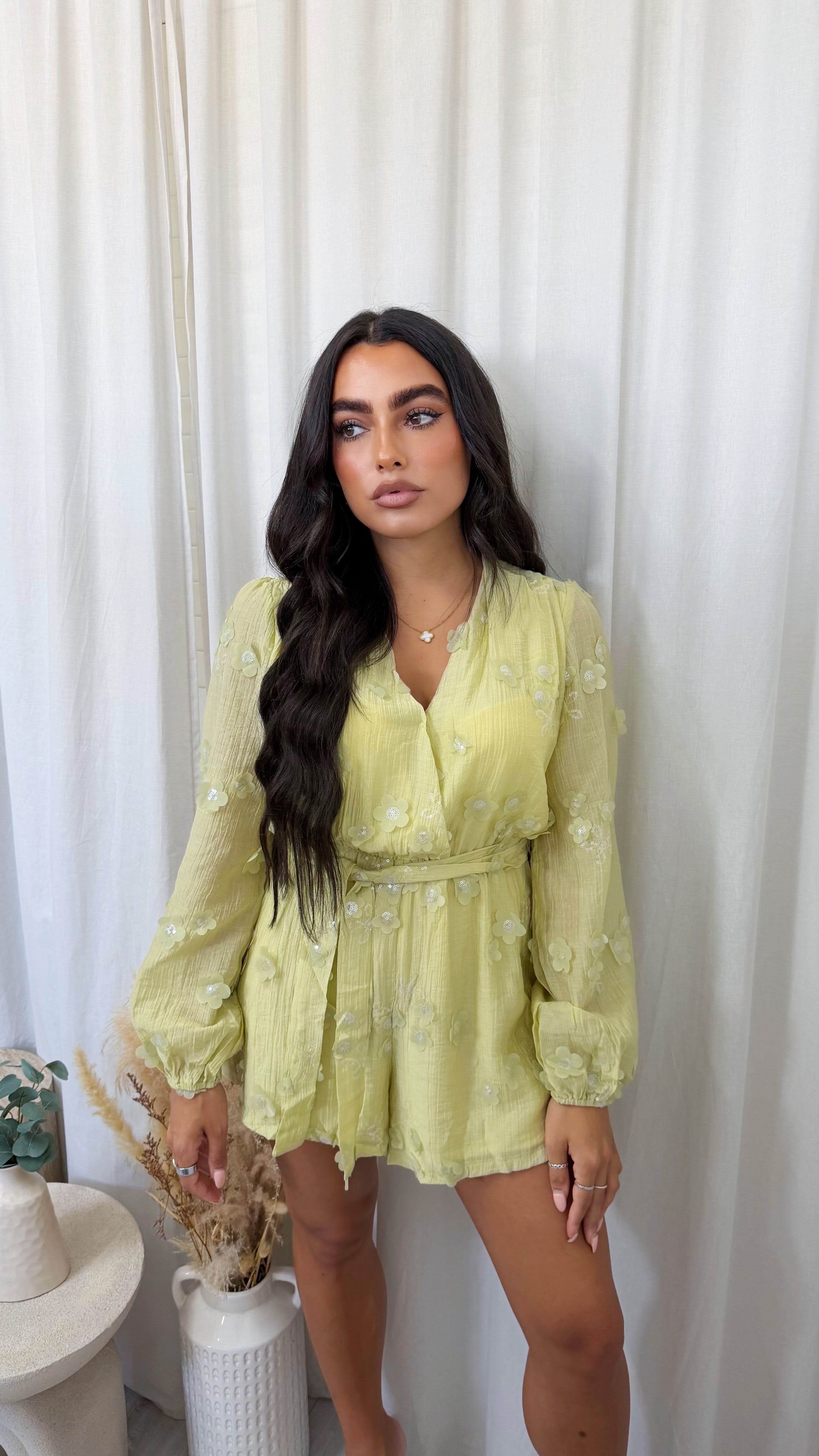 Sequin Flower Wrap Over Playsuit - SAGE