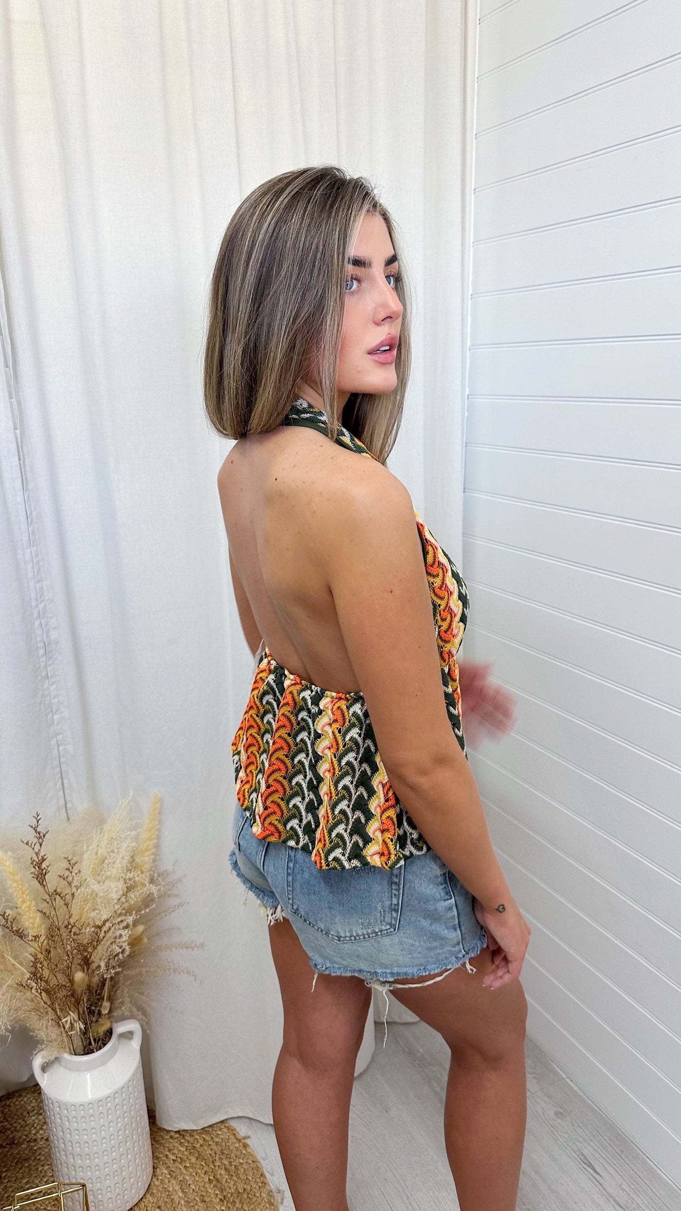 Crochet Halter Neck Peplum Top - ORANGE