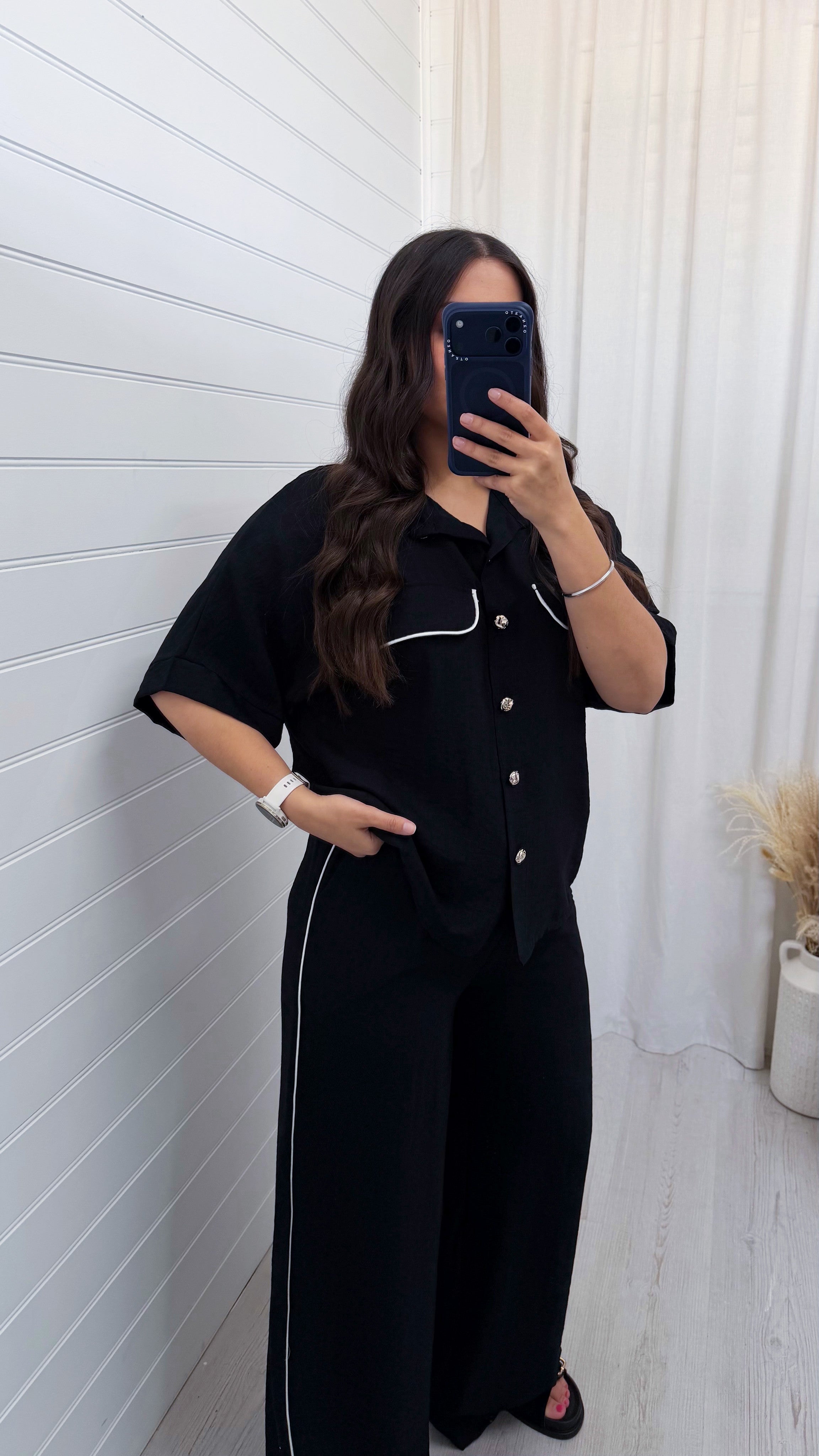 White Piped Shirt and Trousers Co-Ord - BLACK
