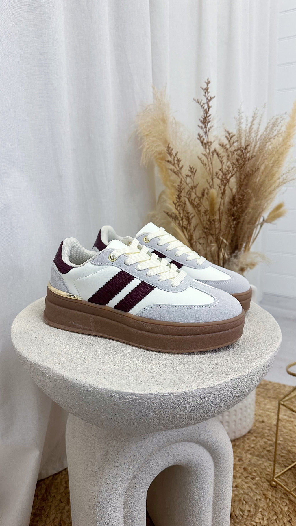 Platform Gum Sole Stripe Trainers - GREY/BURGUNDY