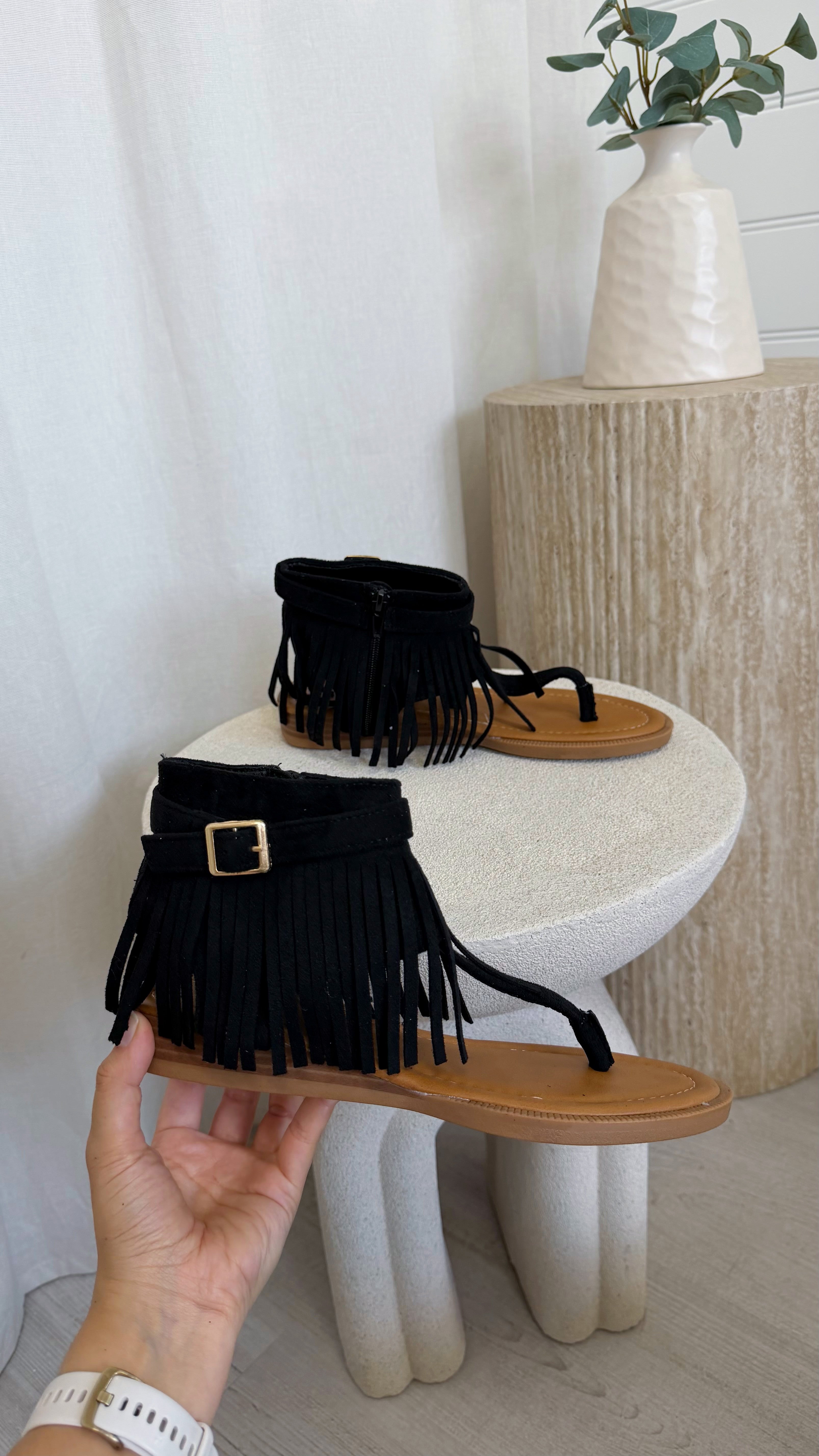 Fringle Ankle Sandals - BLACK
