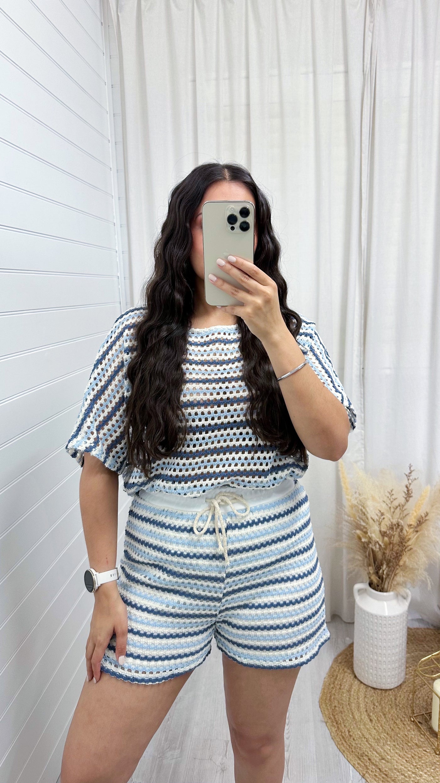 Stripey Mesh T-Shirt and Shorts Co-Ord - POWDER BLUE