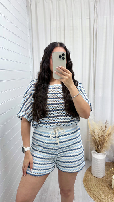 Stripey Mesh T-Shirt and Shorts Co-Ord - POWDER BLUE