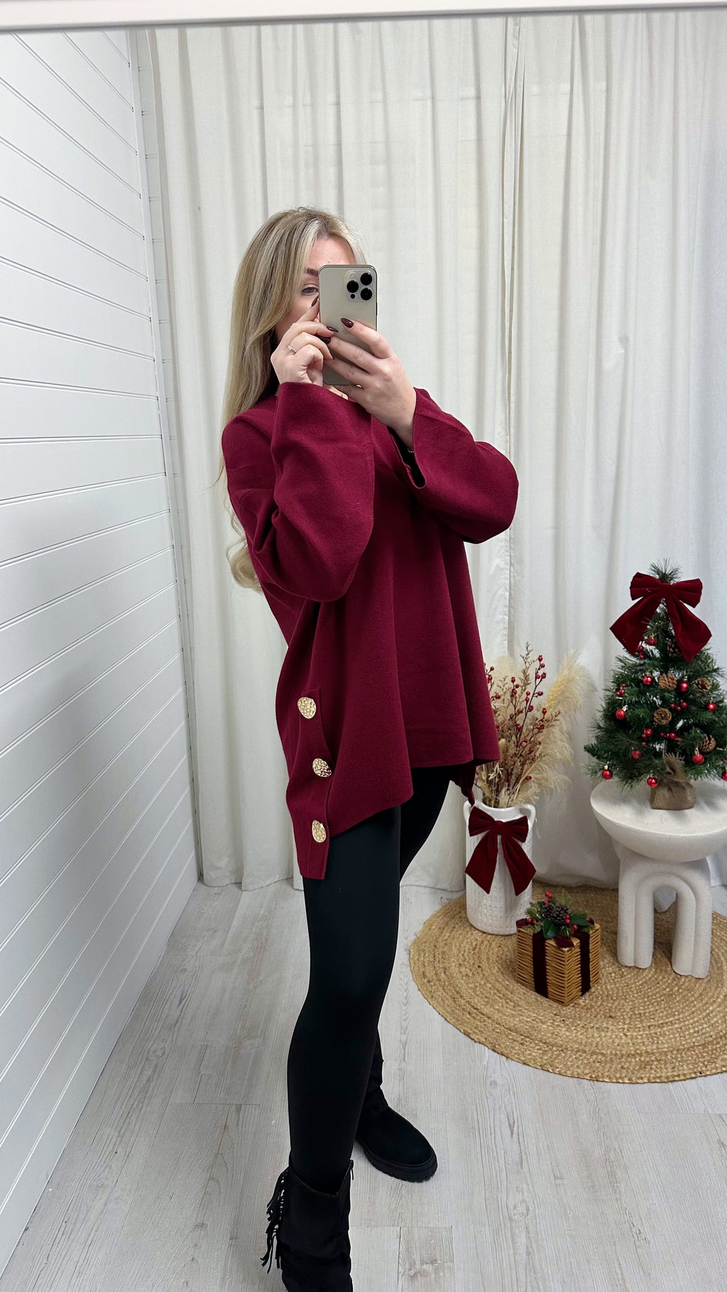 Fine Knitted Gold Button Oversized Jumper - WINE