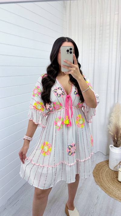 Sequin Embellished Summer Dress - WHITE/PINK