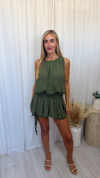 Side Drape Crinkle Playsuit - KHAKI
