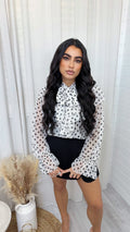 Polka Dot Frill Collar Sheer Blouse - WHITE/BLACK