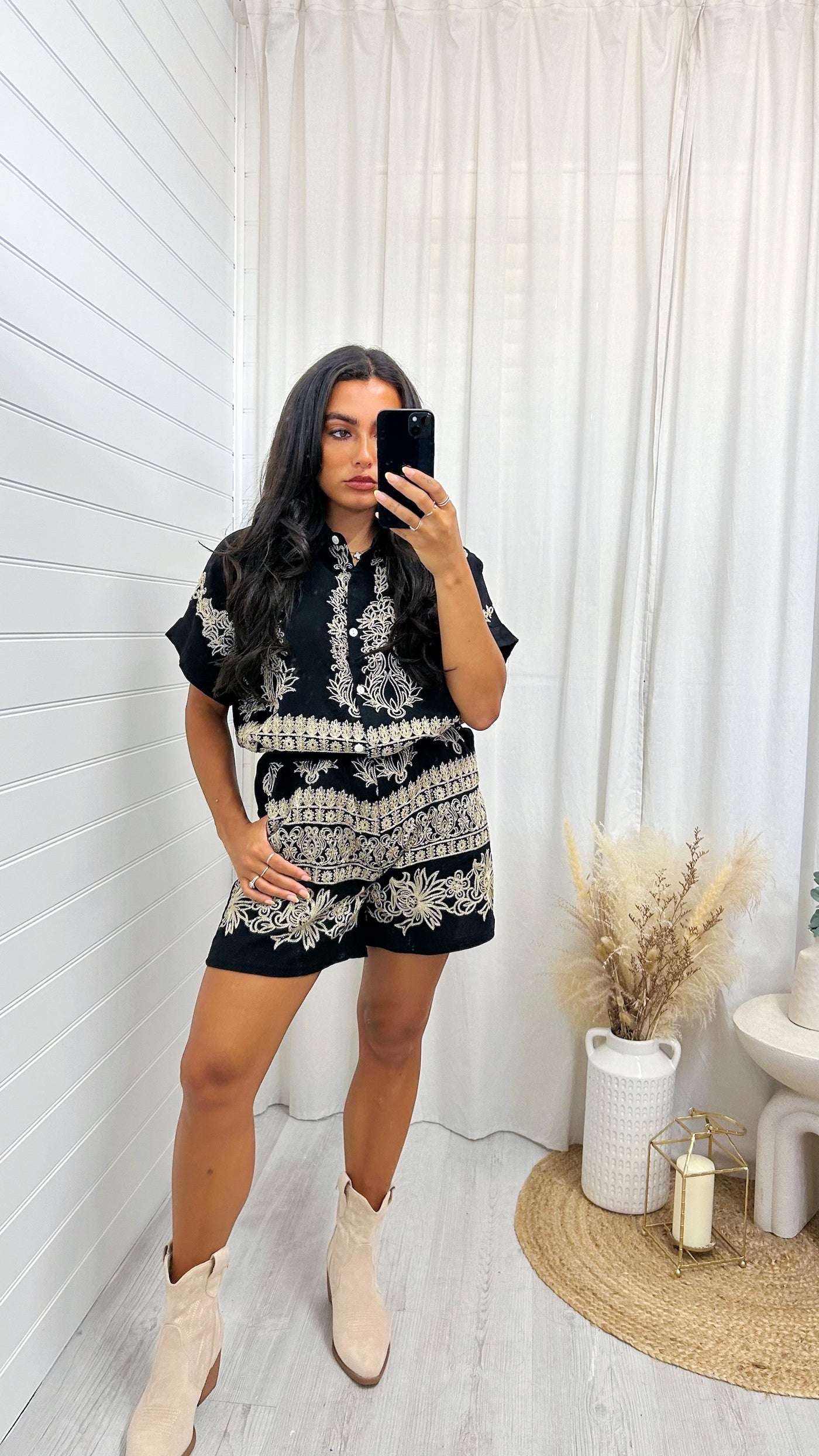 Gold Sparkle Embroidered Shirt and Shorts Co-Ord - BLACK