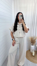 Chunky Button Shirt and Wide Leg Trousers Co-Ord - BEIGE