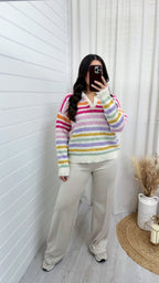 V Neck Stripey Mohair Jumper - MULTI