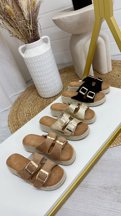 Gold Buckle Platform Sandals - CAMEL