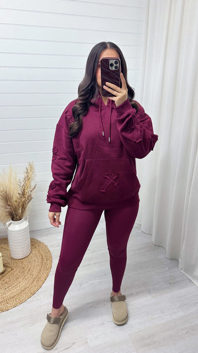 Oversized Distressed Cross Hoodie - WINE