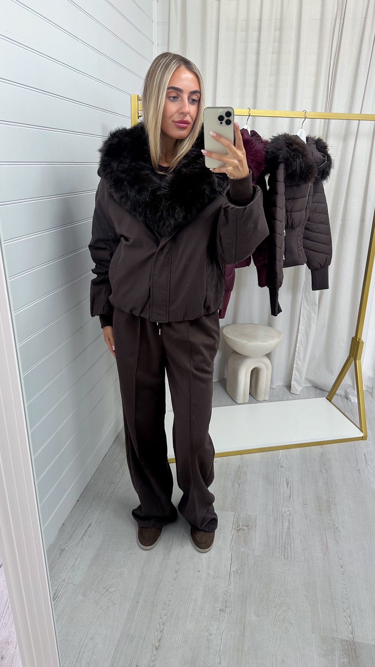 Faux Fur Trim Puffer Coat - BROWN