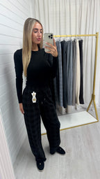 Check Wide Leg Trousers - BLACK