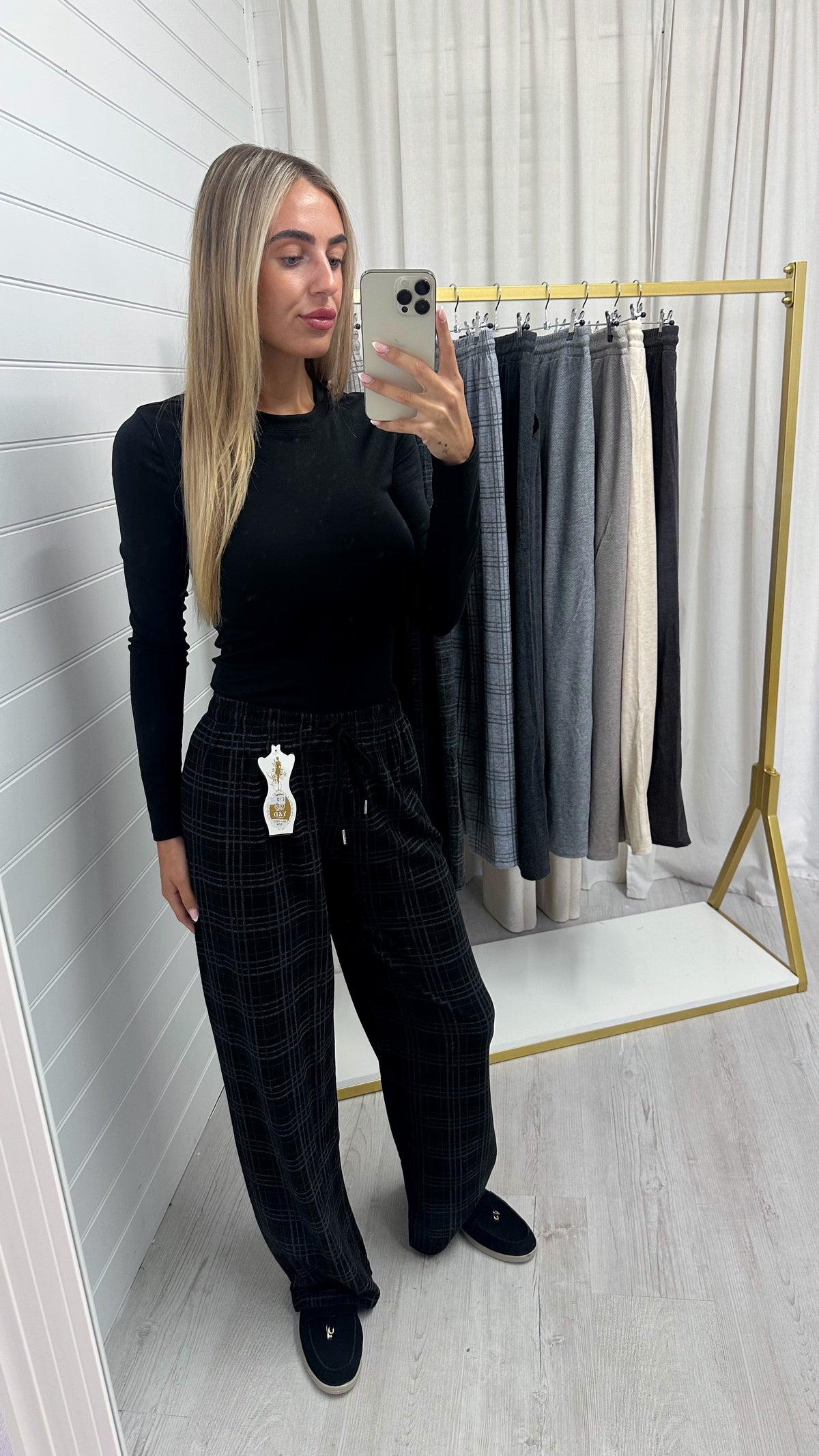Check Wide Leg Trousers - BLACK