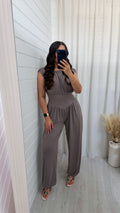 Cinch Waist Ruched Jumpsuit - MOCHA