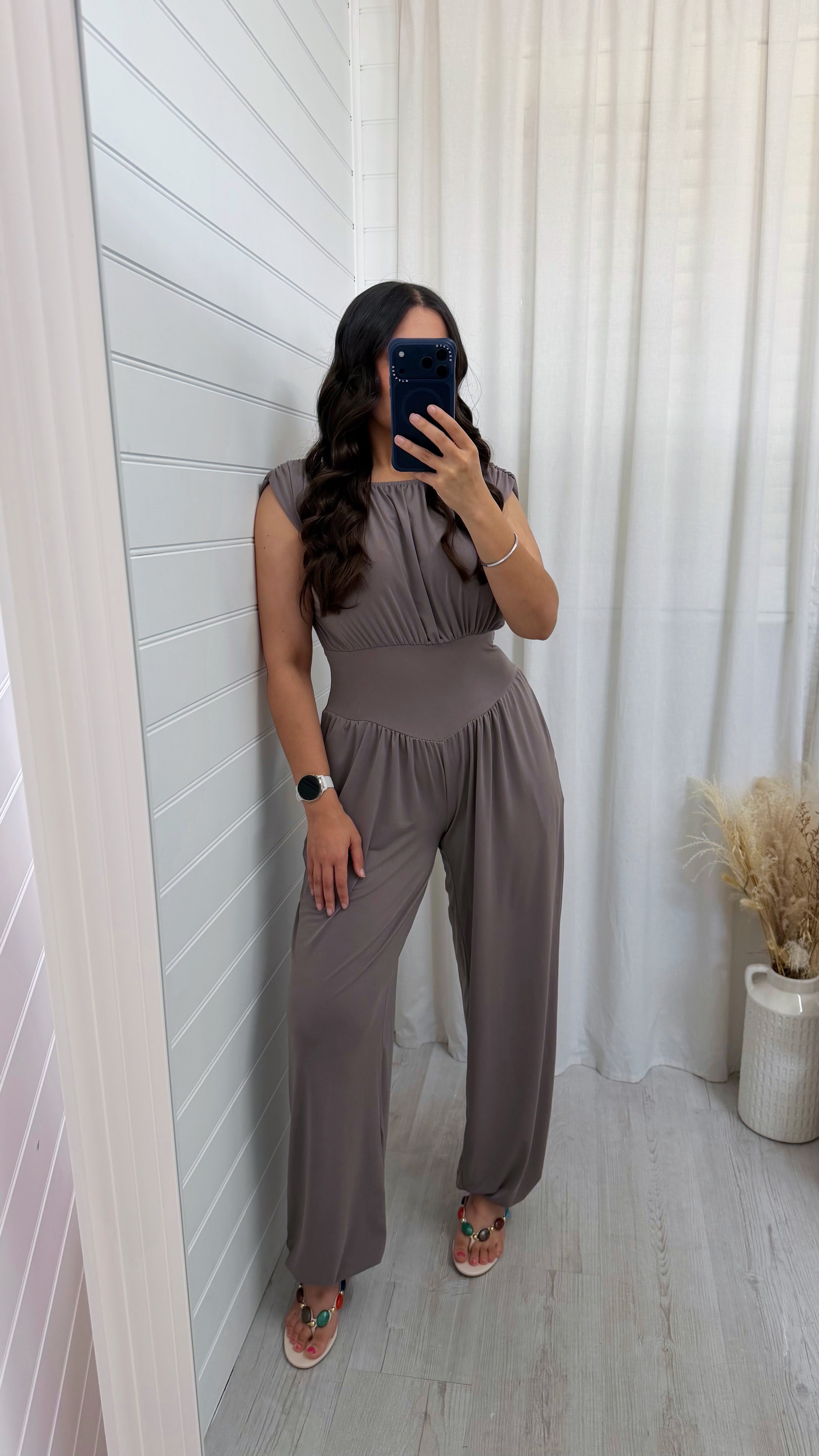 Cinch Waist Ruched Jumpsuit - MOCHA