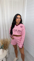 Racer Graphic Crop Sweatshirt and Shorts Co-Ord - PINK