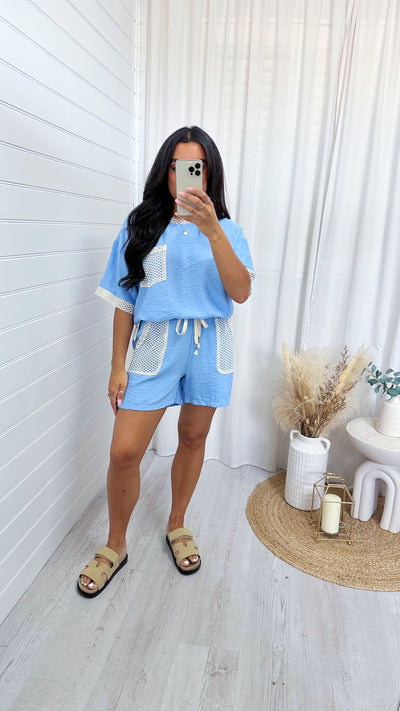 Crochet Pocket T-Shirt and Shorts Co-Ord - BLUE