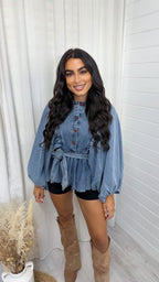 Balloon Sleeve Peplum Denim Shirt - DARK DENIM