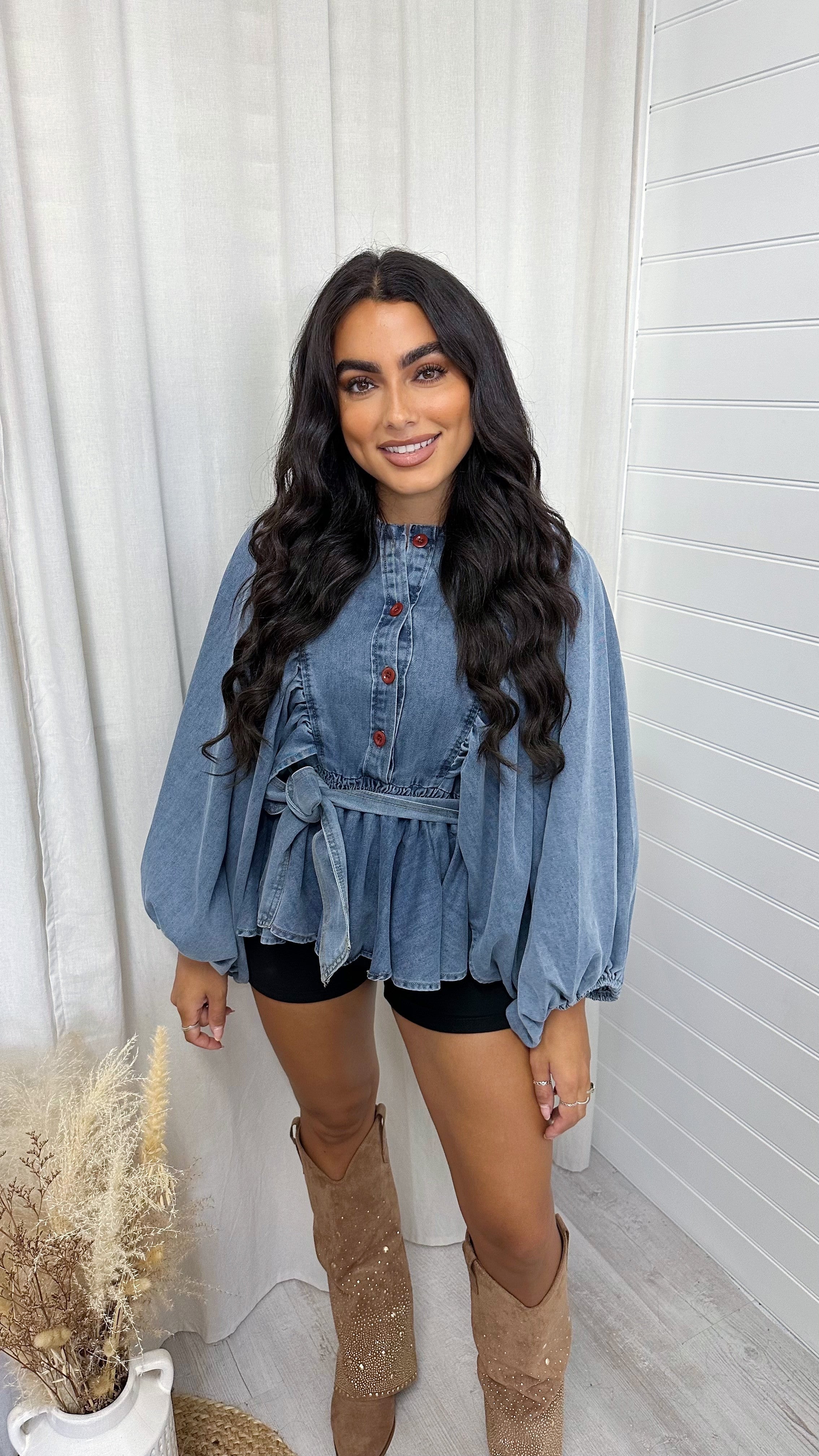 Balloon Sleeve Peplum Denim Shirt - DARK DENIM