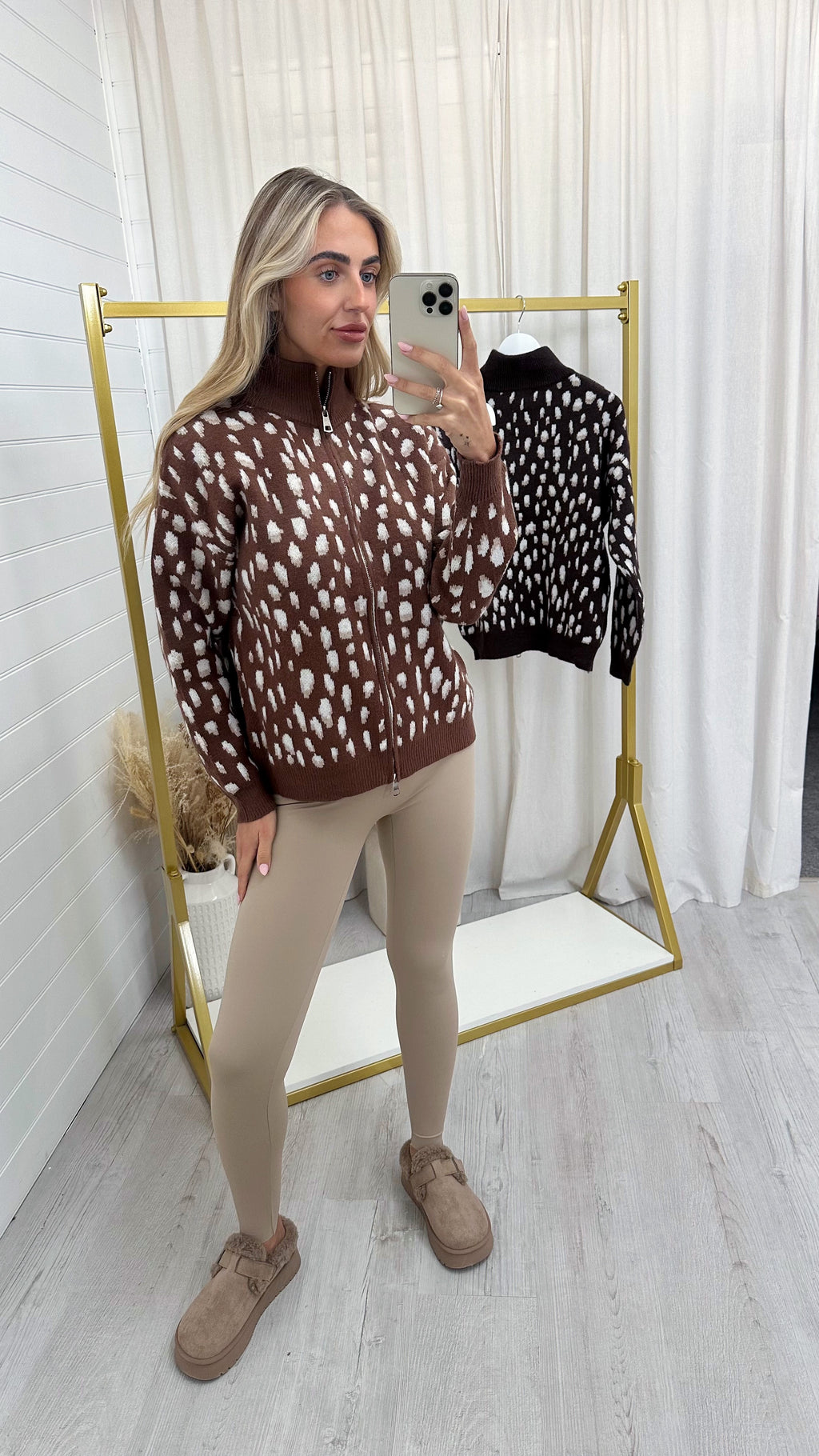 Deer Print Knitted Jacket - CARAMEL