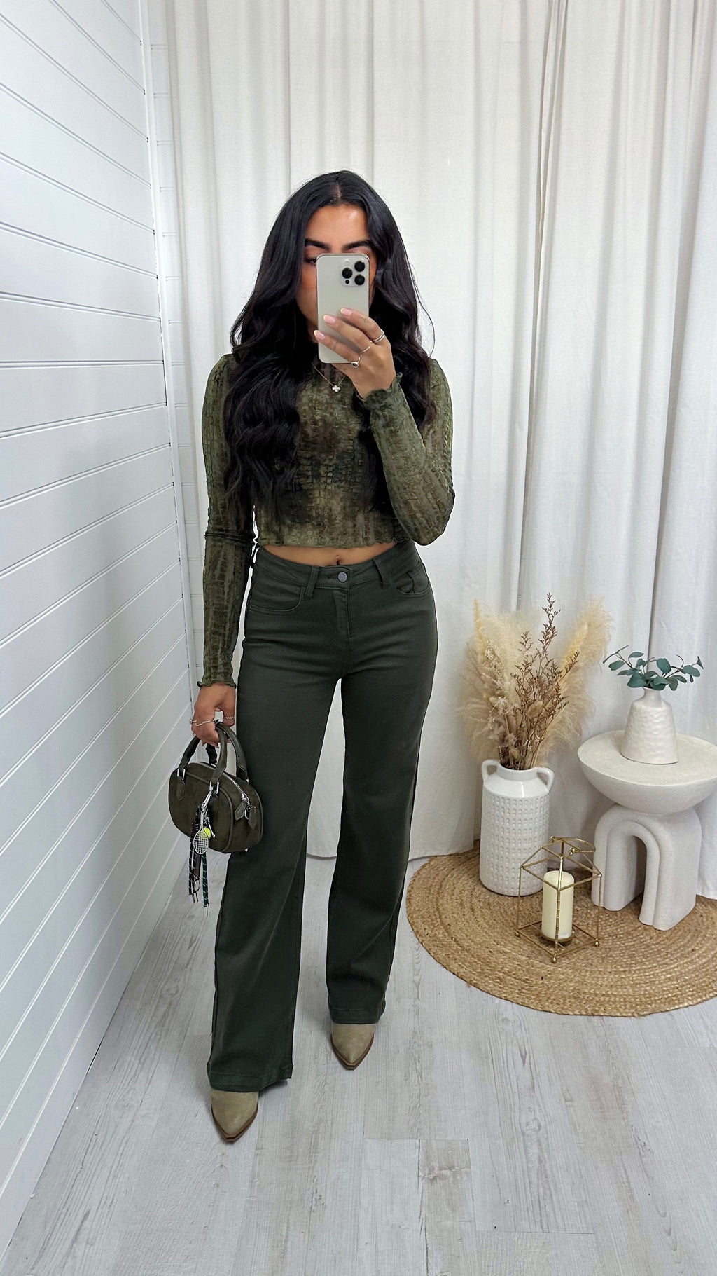 Straight Leg Stretchy High Waisted Jeans - KHAKI