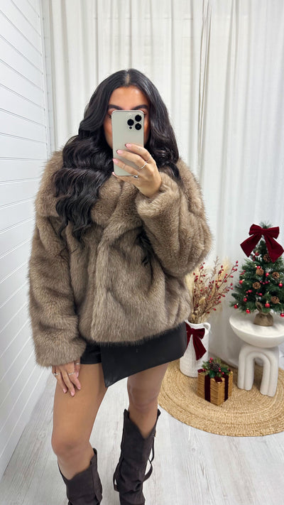 Oversized Lapel Faux Fur Coat - CARAMEL
