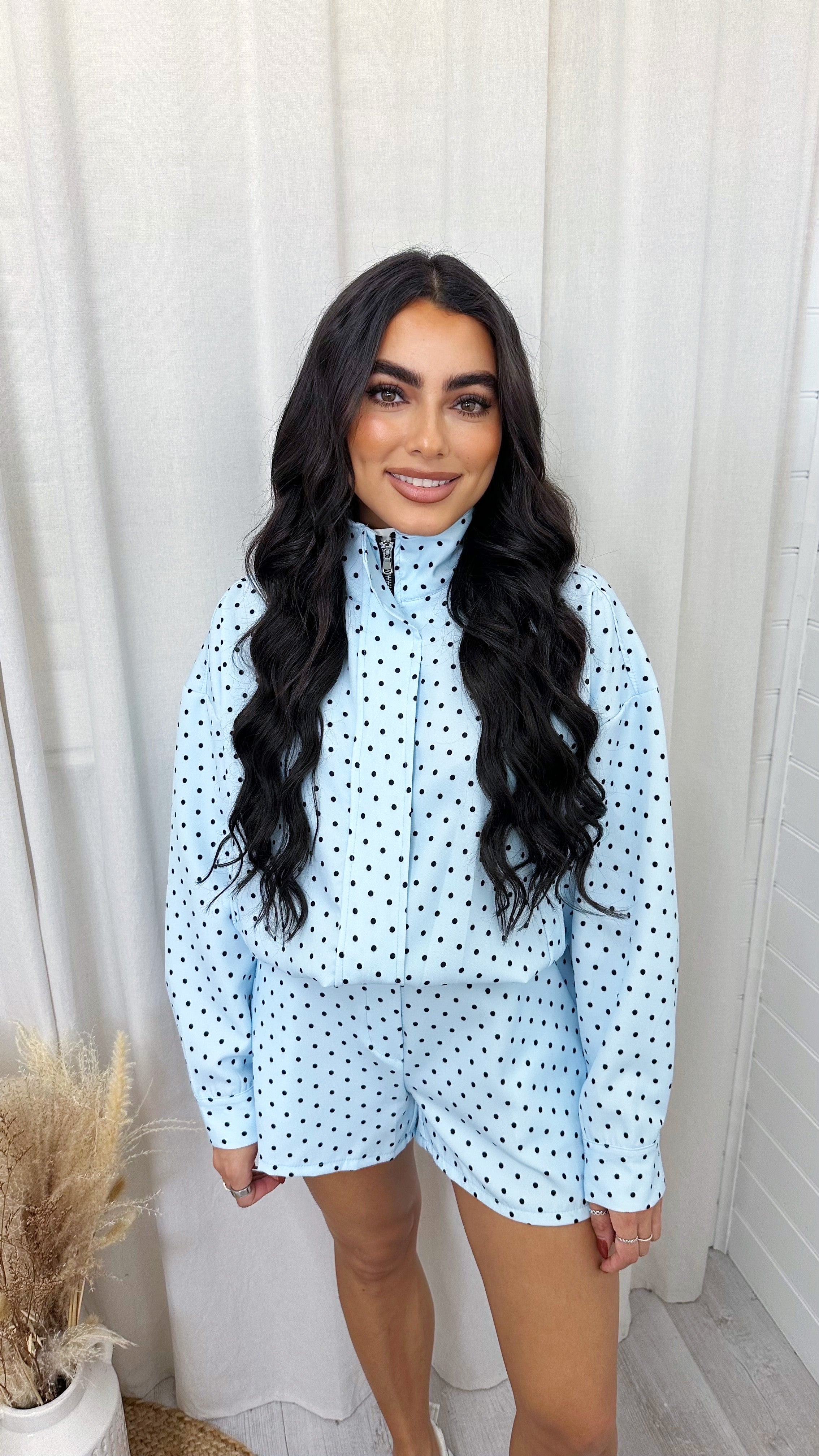 Polka Dot Bomber Jacket and Shorts Co-Ord - BABY BLUE
