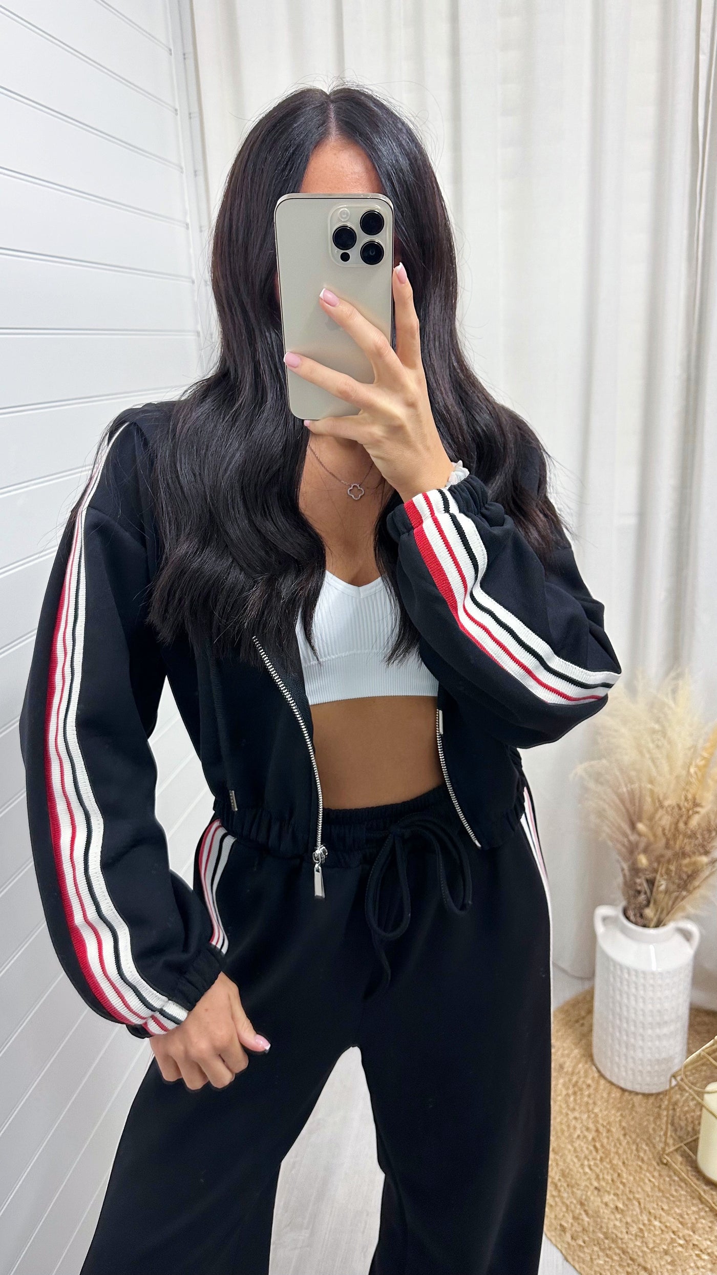 Retro Side Stripe Bomber Jacket and Joggers Tracksuit - BLACK