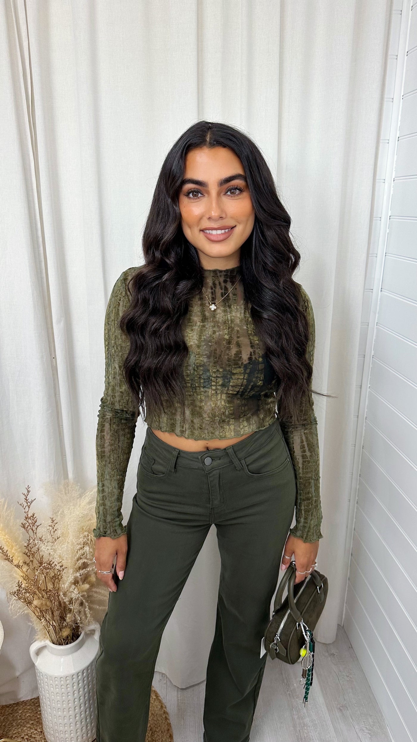 Velvet Printed Mesh Crop Top - GREEN