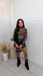 Leopard Print Mesh Body Suit - BROWN