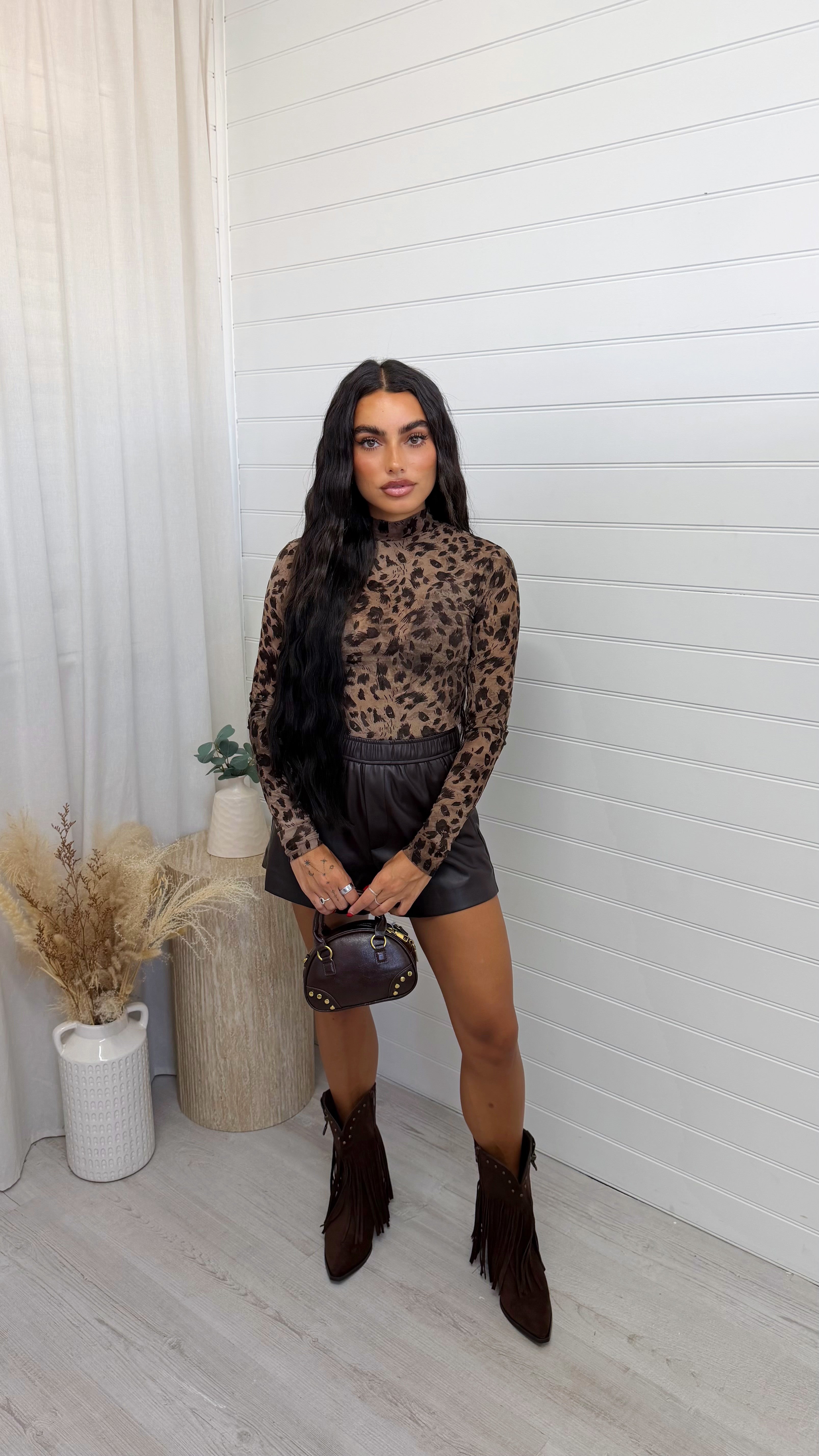 Leopard Print Mesh Body Suit - BROWN
