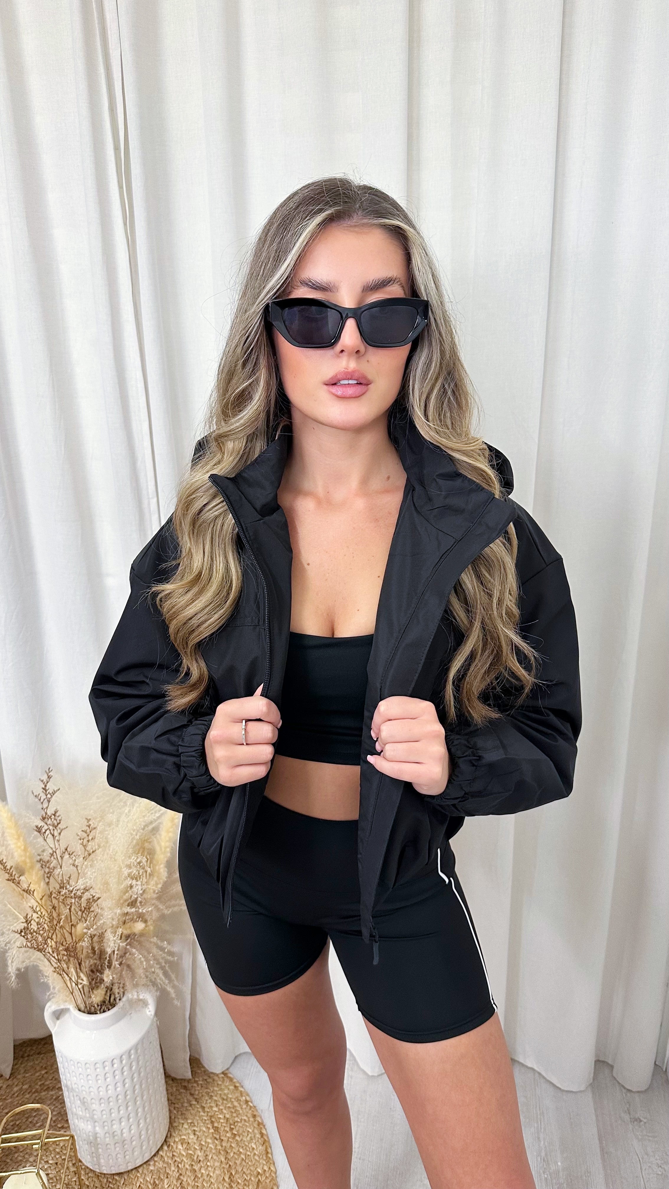 Cropped Athletic Bomber Jacket - BLACK