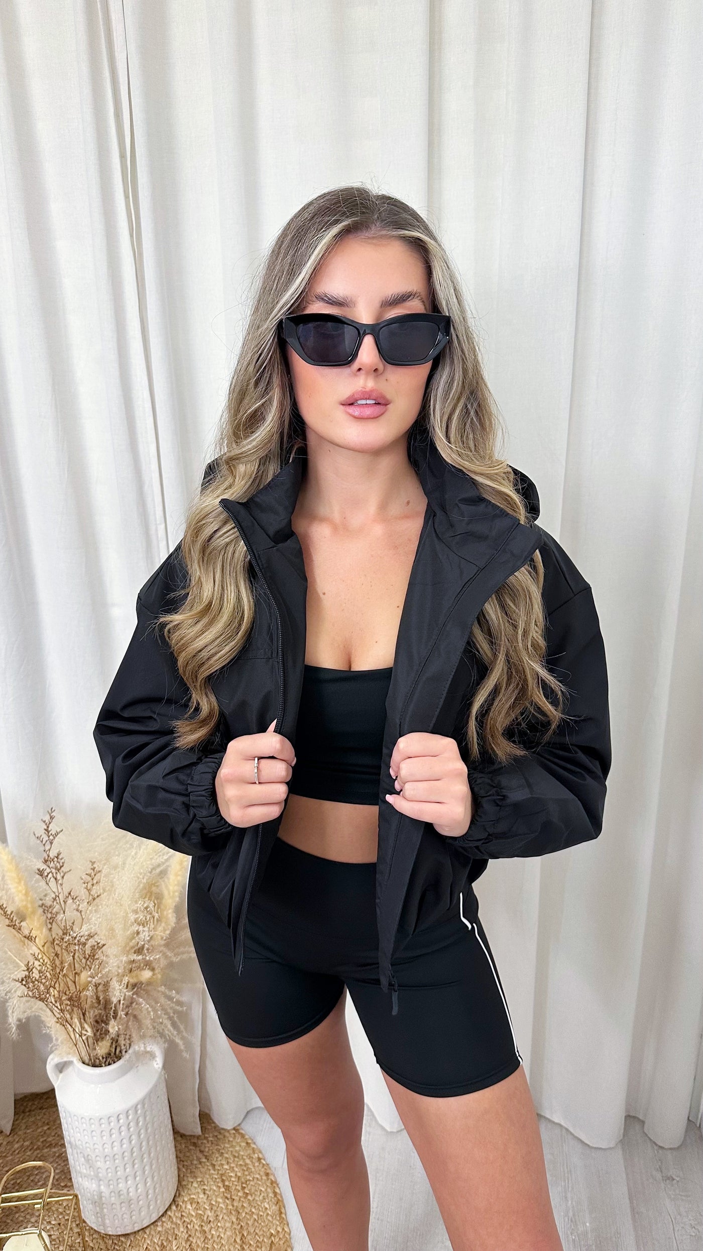 Cropped Athletic Bomber Jacket - BLACK
