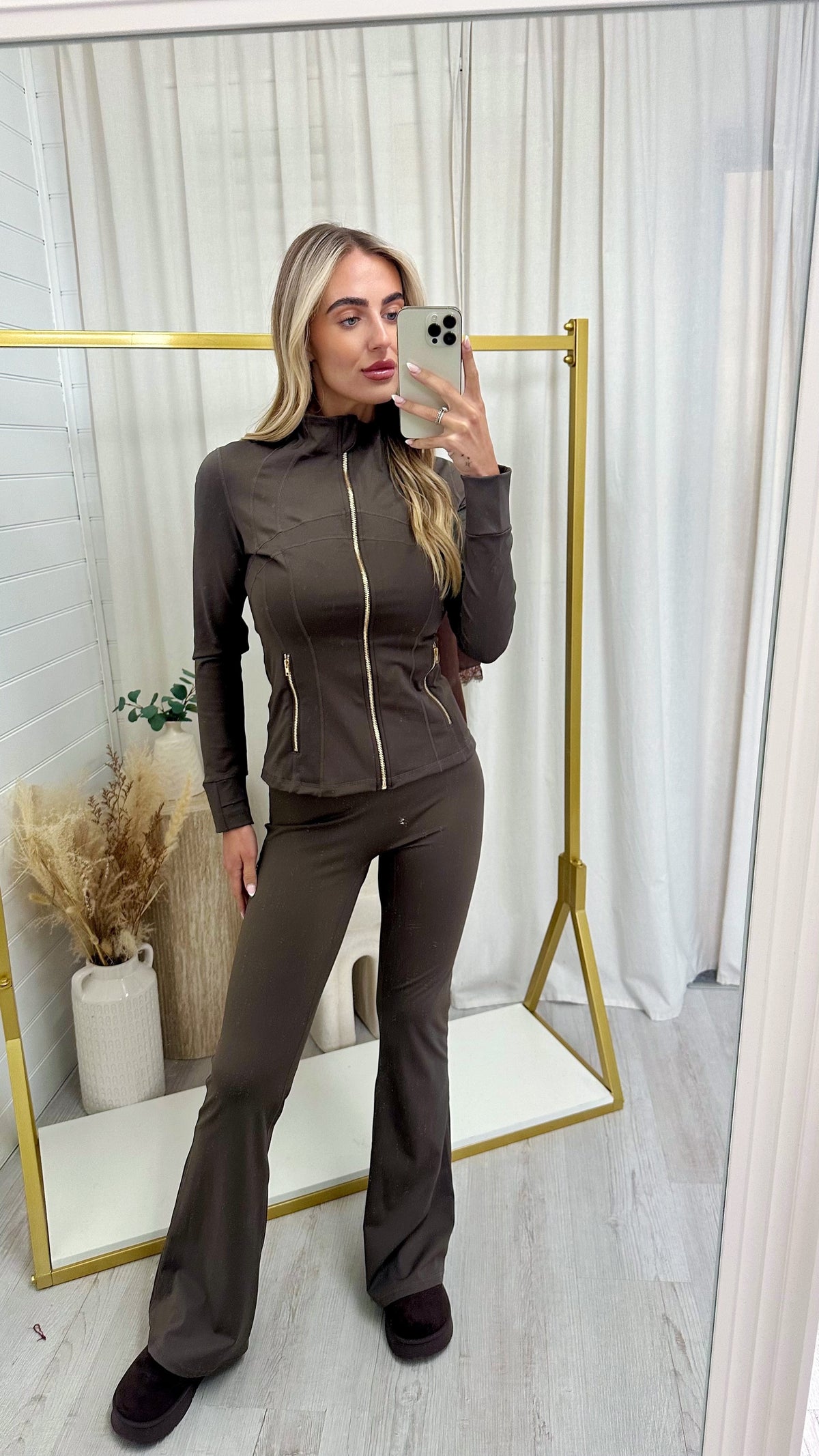 Gold Zip Jacket and Flares Gym Set - BROWN