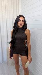 Cut Out Lace Playsuit - BROWN