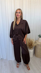 Satin Shirt and Cuffed Trousers Co-Ord - BROWN