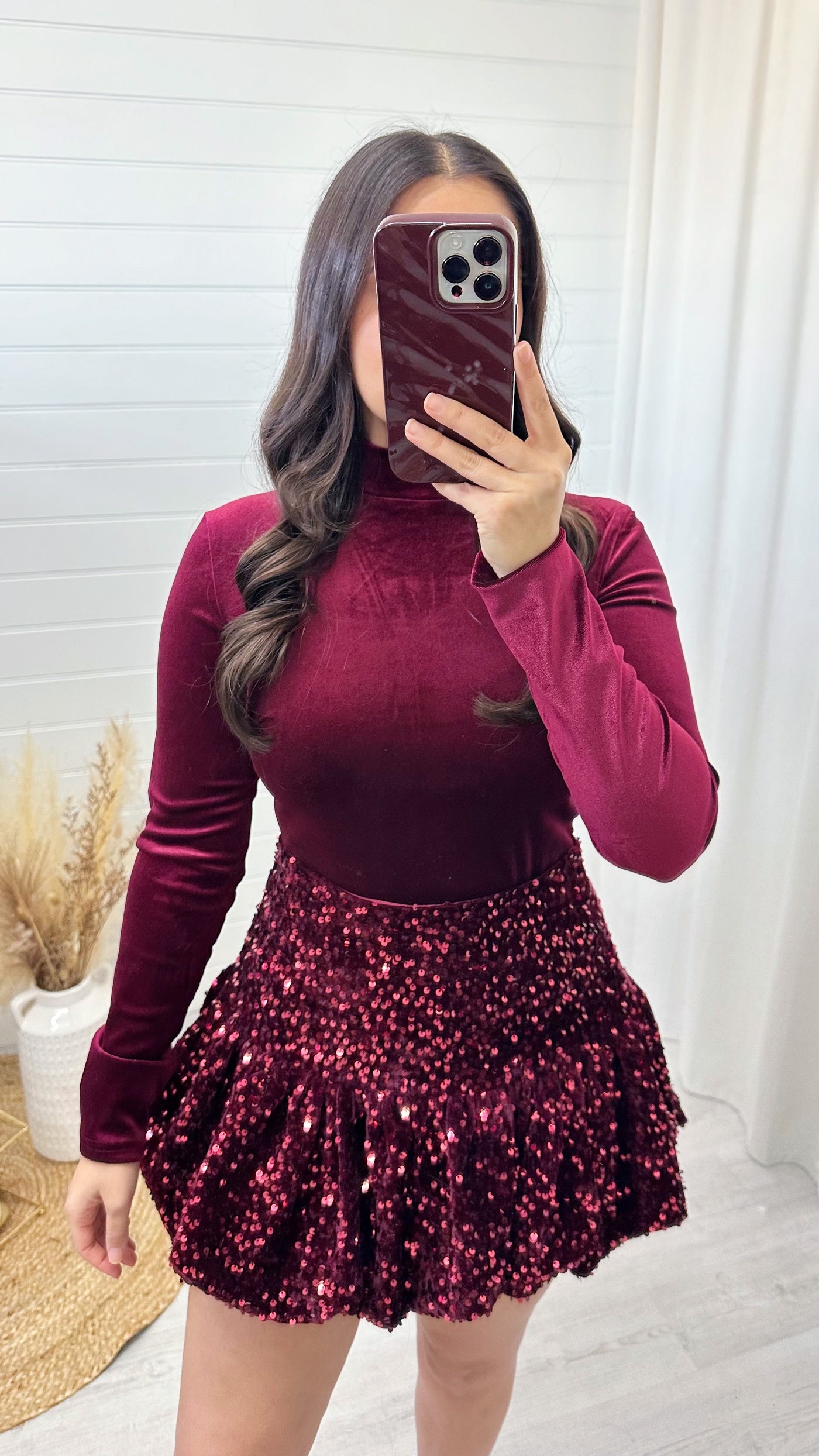 High Neck Velvet Long Sleeve Top - WINE