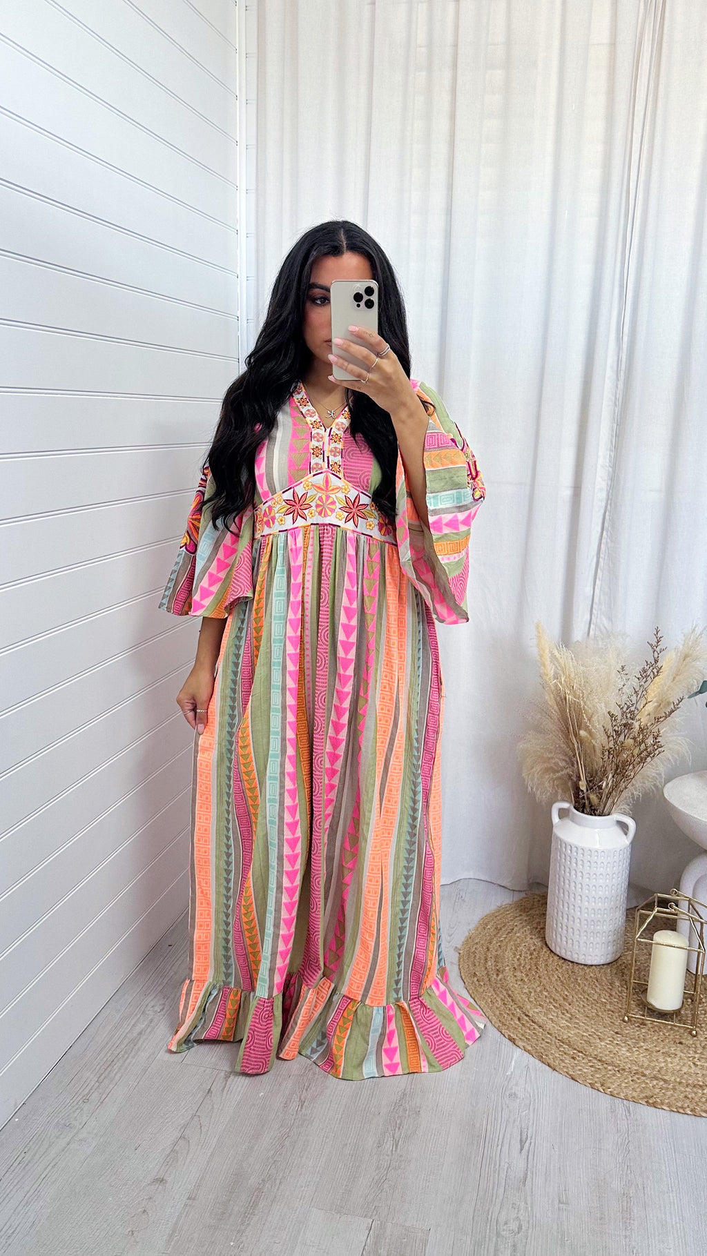 Aztec Embroidered Maxi Dress - PINK/ORANGE