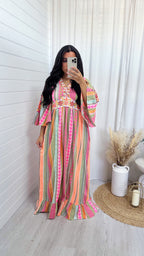 Aztec Embroidered Maxi Dress - PINK/ORANGE