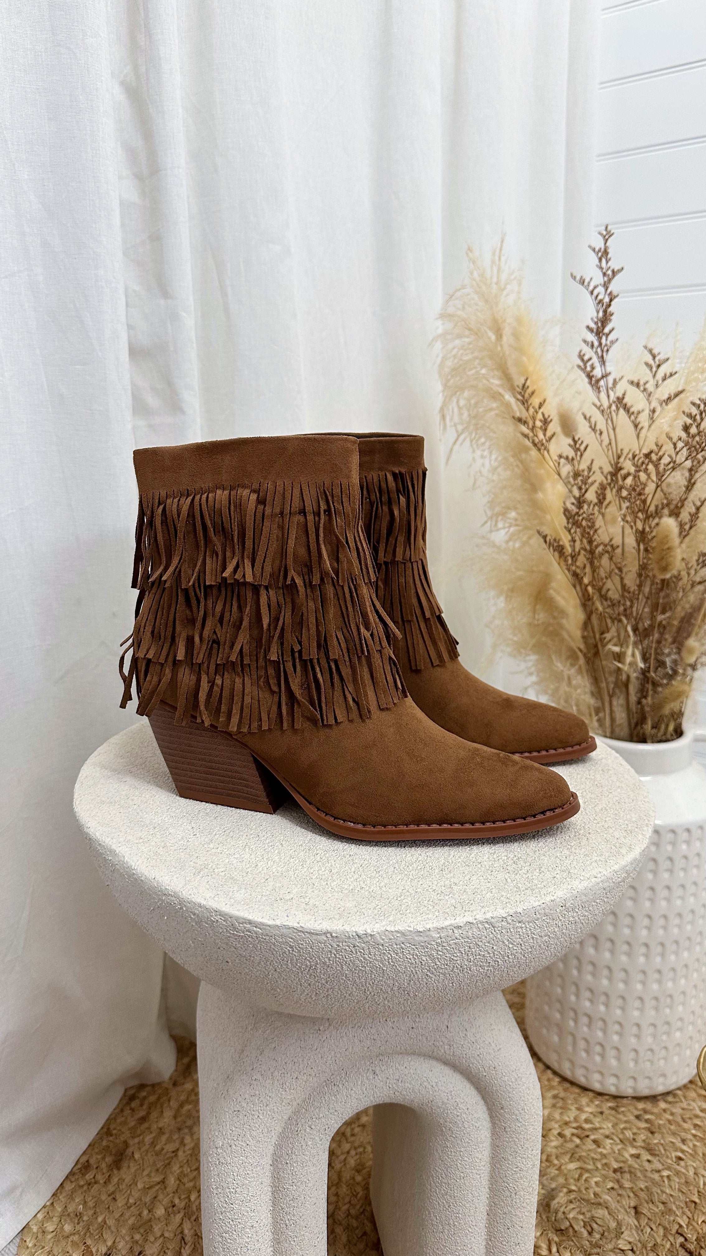 Tassel Cowboy Ankle Boots - CAMEL