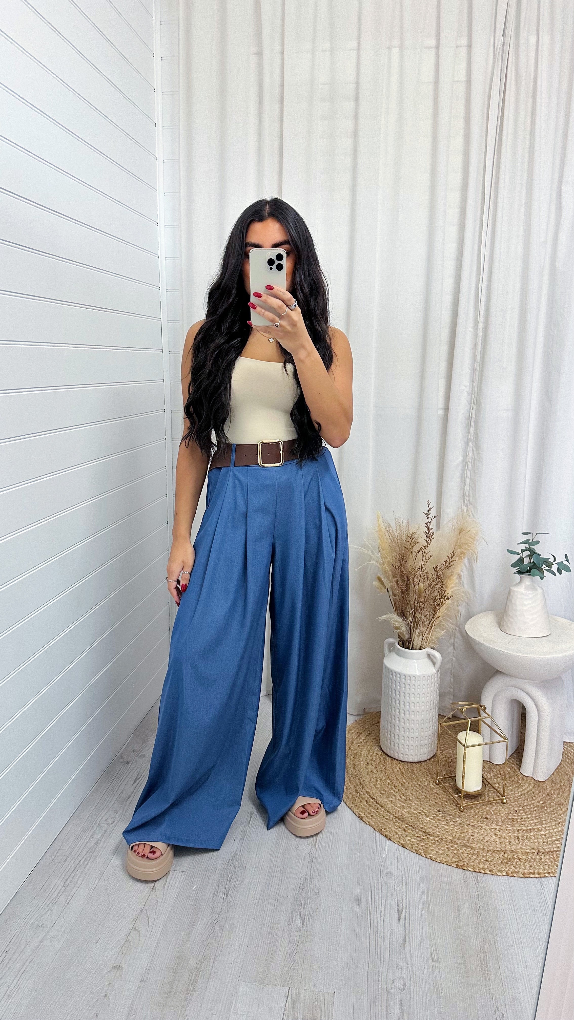 Belted Wide Leg Trousers - DENIM BLUE